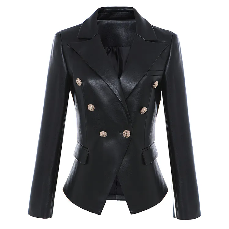 Wholesale Plain Oversized Plus Size Tailored Black Leather Material Ladies Work Suits Women Cropped Jacket Blazer