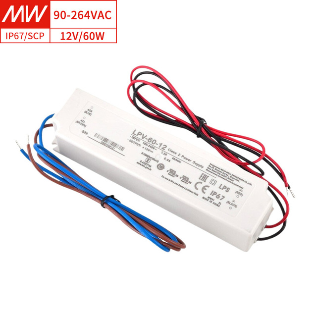 IP67 Waterproof Meanwell LPV-60-12 60W 12V 5A Constant Voltage LED Driver Power Supply for Outdoor Sign Landscape Lighting