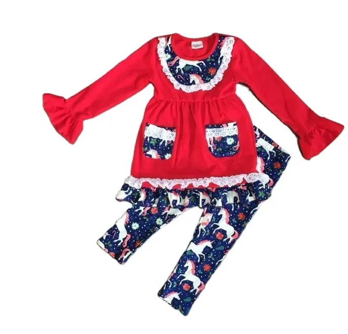 Fall/winter baby girls children clothes red navy unicorn horse dress lace top cotton ruffle lace long sleeve outfits with pocket