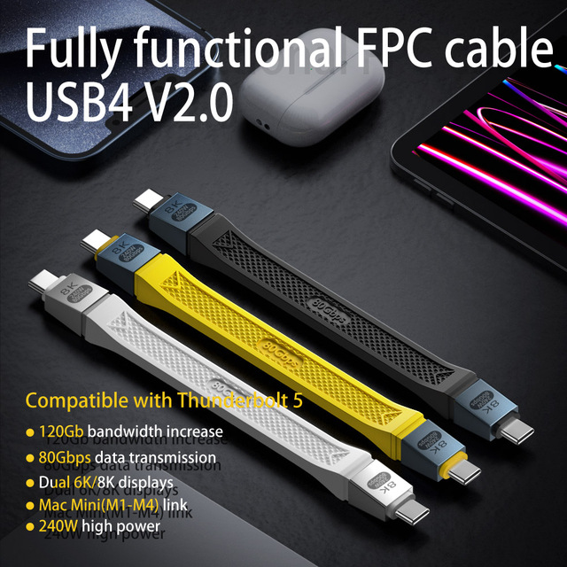 USB4 V2.0 USB C Data Cable USB C Flexible Cable 240W Charging 16K Display Screen 80Gbps Data Transfer Supports Thunderbolt 5/4/3