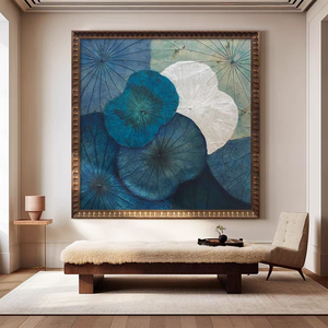 New Abstract Blue Lotus Leaf Wall Art <strong>Large</strong> <strong>Framed</strong> Minimalist Geometric 3D Embossed Leather Texture Wall Art Living Room - Product Image 3