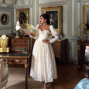 Cổ điển lấy cảm hứng từ Phụ nữ dài tay áo trắng Ren Maxi <span class=keywords><strong>Dress</strong></span> hoa Corset thiết kế cổ vuông cho đám cưới dịp sự kiện chính thức - Product Image 3