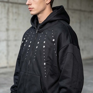 <b>Zip</b>-up Studs Cropped 100% Cotton French Terry Custom Logo <b>Hoodie</b> Oversized Boxy Distressed Mens Hoodies - Product Image 5