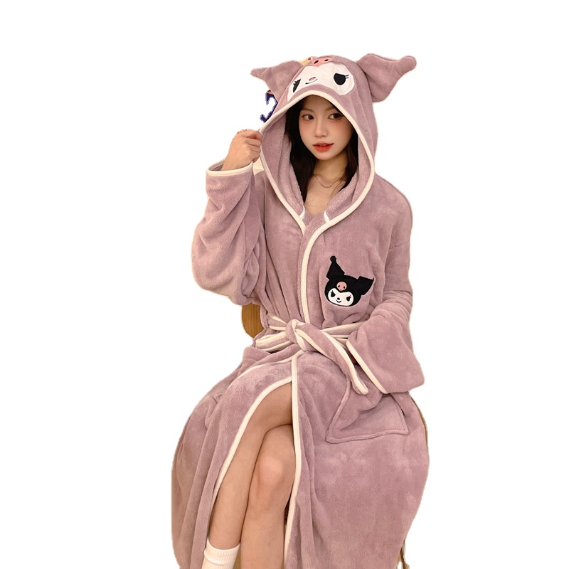 Peignoir Femme En Flanelle Avec Capuche Animée - Motifs Animaux Mignons, Confortable Pour La Maison