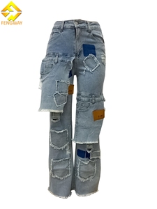 All'ingrosso Jeans Cargo traspiranti personalizzati per donna primavera stagione <span class=keywords><strong>pantaloni</strong></span> in Denim piatto frontale <span class=keywords><strong>con</strong></span> tecniche di lavoro strappate - Product Image 2