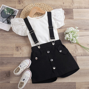 Conjuntos de ropa para niños pequeños, Top de punto con mangas de encaje y pantalones tipo overol, 2 uds., ropa para niños, traje de verano para niñas de 2 a 7 años - Product Image 3