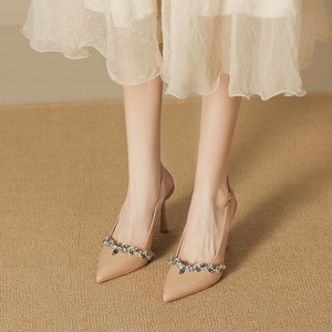 Zapatos de Tacón Alto Estilo Francés, de Piel Sintética Color Nude, con Punta en Pico, Diseño Sexy, Adorno de Pedrería, Versátiles y Elegantes - Product Image 5