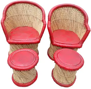 2024现代手工竹藤皮革簇绒椅子2件套，带2个圆形搁脚凳，用于客厅花园