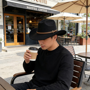 ZhenXi Cowboy Hat M56-58cm Red Solid Color Wool Felt Wide Brim Fashionable Stylish Commute Hat - Product Image 2