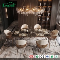 Table à manger de luxe avec plateau en marbre crème et 6 chaises en cuir véritable et métal, ensemble de restaurant, solution de mobilier haut de gamme tout-en-un