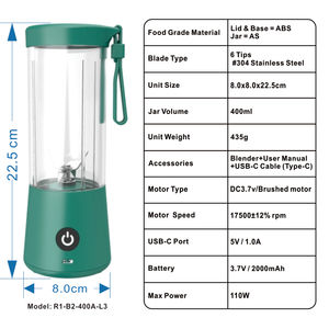 Licuadora Portátil de Alta Resistencia de 150W, Mini Exprimidor de Frutas de 400ml, Mezclador de Alimentos, Triturador de Hielo, USB Inalámbrico, Modo Turbo, a Prueba de Fugas, para el Hogar y Viajes - Product Image 3