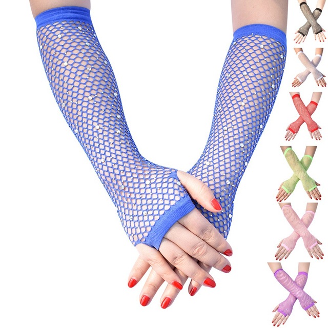 Fishnet Shiny Rhinestone Sexy Fashion Women's Fingerless Half-Finger Opera-Length Gloves Elastic Mesh Quick Dry Summer Nightclub