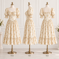 Robe midi personnalisée pour femme, légère, tissée, à imprimé floral, avec buste froncé, manches bouffantes, poignets froncés et ourlet à volants, coupe trapèze