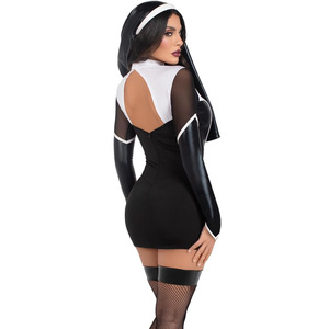 Disfraz de Mujer de Cuero Sintético para Cosplay, Club Nocturno, <span class=keywords><strong>Monja</strong></span>, Sirvienta, Mangas Largas, Tops Calados, Falda Corta <span class=keywords><strong>con</strong></span> Turbante, Uniforme - Product Image 3