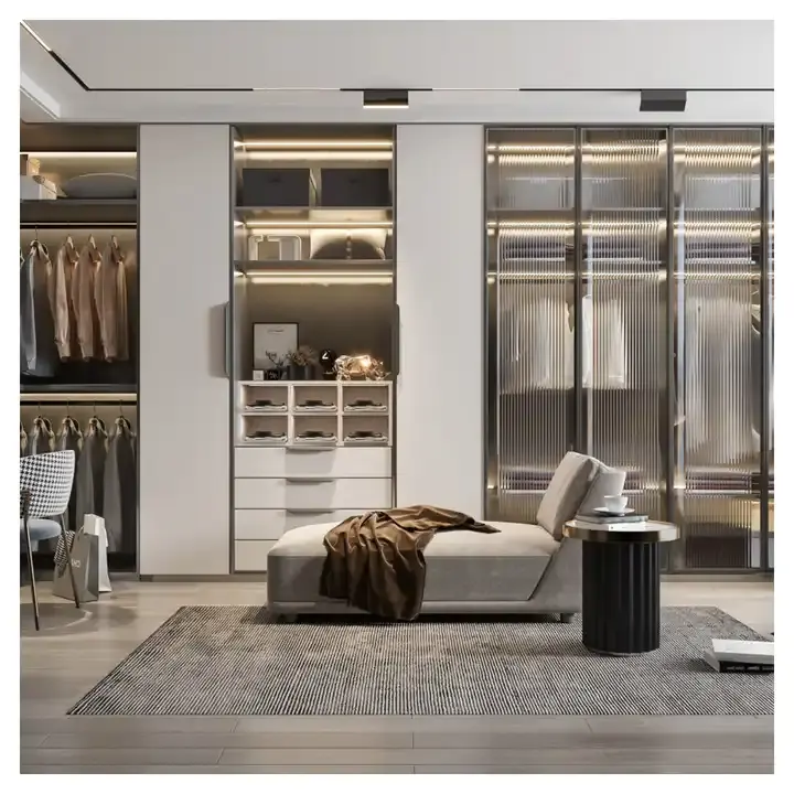 White Melamine Finish Customized Bedroom Wave Glass Doors Wardrobe Luxury Built In Functional Closets with Boxes and Drawers