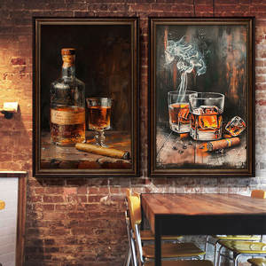 Peinture à l'huile décorative rétro nostalgique sur le thème de la musique, des bars, de la culture du vin, des cocktails, des spiritueux étrangers, du whisky et des cigares, encadrée et à suspendre - Product Image 3