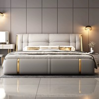 Meubles de chambre à coucher de luxe modernes, lits rembourrés en bois, cadre de lit double extra large, ensemble en cuir, design avec rangement flottant