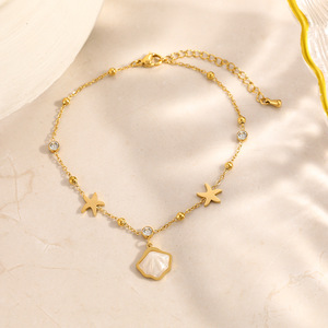 สร้อยข้อเท้าแฟชั่น สแตนเลสสตีล ชุบทอง 18k ประดับดาว เปลือกหอย และเพชรเทียม สไตล์ชายหาด - Product Image 2