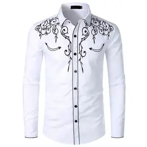 Mens White Embroidered Shirts Gold Floral Western Top American Mexican Cowboy Outfit Casual Shirt