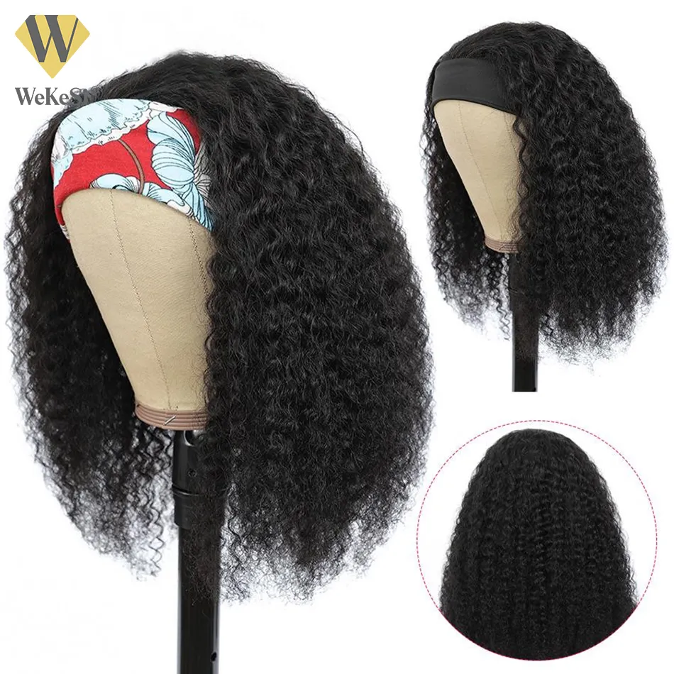 Wholesale Headband Brazilian Hair Half Curly Wig 150 Density Natural Black Curly Machine Made Headband Wig For Black Women