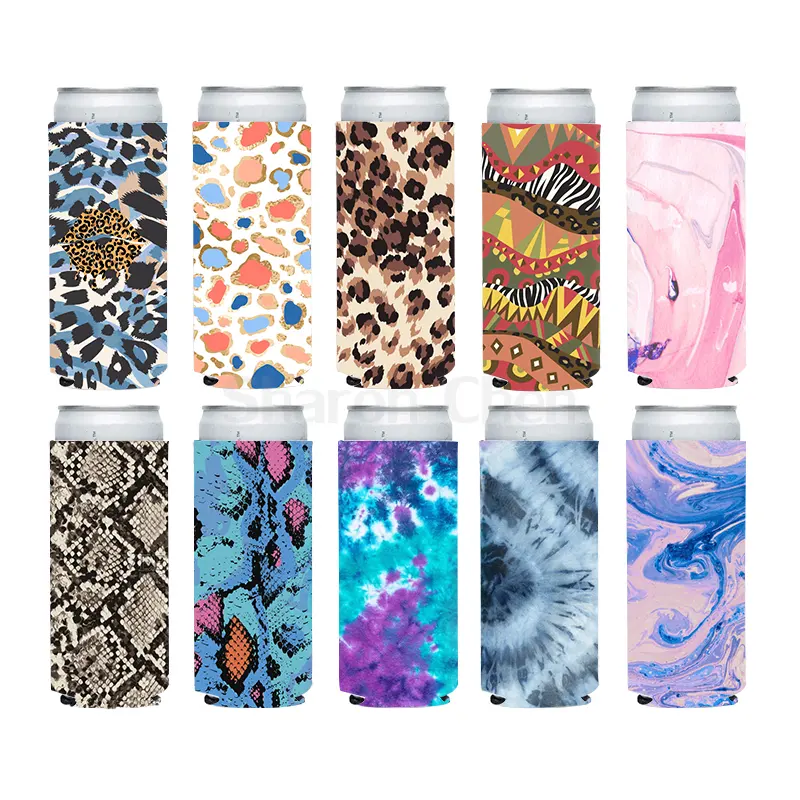 Newest designs tie dye slim can cooler leopard Neoprene Cooler Bag for 12oz beer can