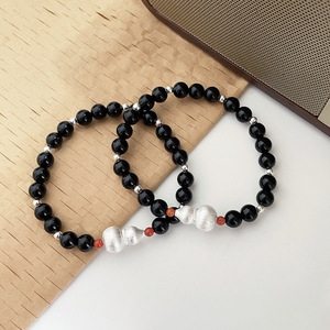 S925 Sterling <b>Silver</b> Black Agate <b>Beaded</b> Bracelet With Gourd Charm For Women Everyday Wear Simple Round Design Trendy Jewelry - Product Image 1