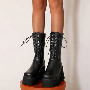 PU Upper Thick Sole Women <b>Boots</b> Back Zipper Combat Short Booties High Heel Comfortable Lace up Half Knee High <b>Boots</b> Shoes - Product Image 4