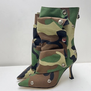 Metal Rivets Loose Pleated Upper Shoes Thin High Heels Pointed Toe Denim Ankle Boots Women's Wide Fit Short <b>Booties</b> - Product Image 4