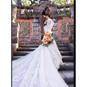 Robe de marié<span class=keywords><strong>e</strong></span> sur mesure de style africain pour femmes, en satin blanc, sexy, col en V profond, en soie, à longue traîne, style bourgeon de fleur, Vestidos De Novia - Product Image 1