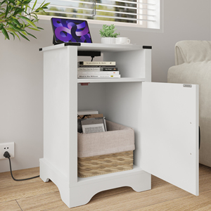 Farmhouse Nightstand Side <b>Table</b> White Wooden Rustic End <b>Table</b> <b>Tall</b> Bedside With Electrical Outlets Charging Station - Product Image 5