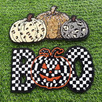 Sewill Patchs en chenille personnalisés auto-adhésifs et thermocollants, motifs Citrouille, Fantôme, BOO, à paillettes et sequins, pour Halloween, pour vêtements et T-shirts