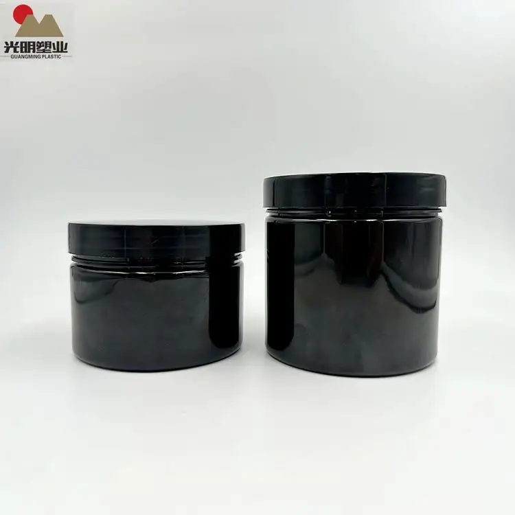 Factory outlet PET 200ml/300ml rotondo nero vuoto barattolo di polvere proteica integratore alimentare contenitore di plastica barattolo di cibo per animali domestici