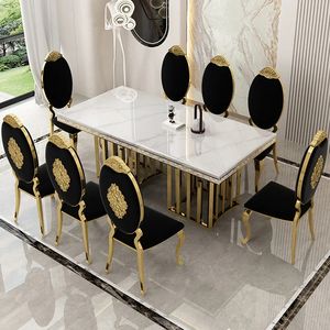 <span class=keywords><strong>Table</strong></span> à manger rectangulaire de <span class=keywords><strong>grande</strong></span> taille en marbre italien de style moderne haut de gamme avec plateau blanc et pieds en acier inoxydable doré pour les événements, les hôtels et les banquets - Product Image 6