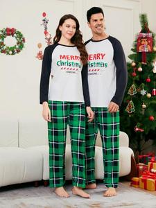 Pyjamas <span class=keywords><strong>de</strong></span> Noël personnalisés grande taille à carreaux verts à manches longues pour la famille avec taille élastique et devant tricoté - Product Image 2