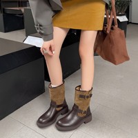 Bottines marron bicolores en cuir ultra-fin pour femme avec double boucle à la cheville, bout rond, talon épais, style vintage, vente en gros ODM OEM