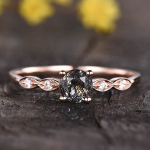 925 Sterling <b>Silver</b> CZ Art Deco Wedding <b>Band</b> <b>Rings</b> Jewelry Black Rutilated Quartz Engagement <b>Ring</b> - Product Image 1