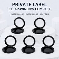 Boîtier compact rond en PP noir avec fenêtre transparente pour poudre pressée, emballage cosmétique personnalisable avec logo
