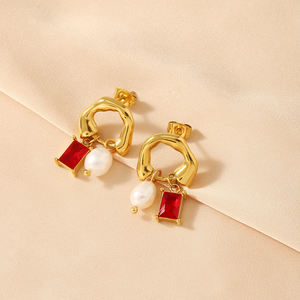 2025ต่างหูห้อยเซอร์โคเนียทรงลูกบาศก์ชุบทอง18K ทำจากสเตนเลสต่างหูจี้ไข่มุกน้ำจืด - Product Image 6