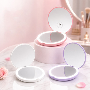 Travel Portable LED <b>Light</b> Small Round <b>Vanity</b> Mirror Folding Cute Compact Pocket Hand Mirror Custom Gift GZ RTS Bulk Mixed Order - Product Image 2