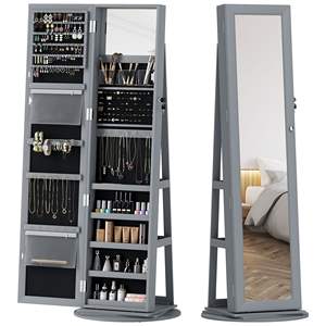 DB Jewelry Armoire Gray 360 Swivel <b>Lockable</b> <b>Cabinet</b> with Mirror and Storage Shelves Organizer for Home Use - Product Image 1