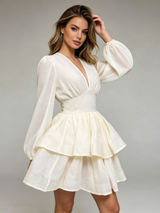 Robes minimalistes unies à col en V et manches longues, élégantes, cintrées, avec patchwork et plis, coupe trapèze, pour <span class=keywords><strong>femme</strong></span> - Product Image 3