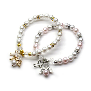 Pulsera de Perlas Blancas con Cruz de Ángel, 8mm, Joyería Religiosa Rosa y Blanca, Regalo, Accesorio para Bautizo - Product Image 1