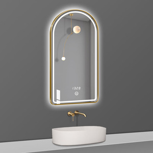 Miroir <span class=keywords><strong>de</strong></span> salle <span class=keywords><strong>de</strong></span> bain LED à cadre doré en forme d'arche avec rétroéclairage halo chaud, affichage <span class=keywords><strong>de</strong></span> l'heure tactile pour hôtel <span class=keywords><strong>de</strong></span> luxe moderne, vente en gros - Product Image 3