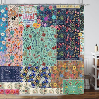 Rideau de douche noir floral rustique Boho, feuilles d'aquarelle vintage avec fleurs rideau de douche de décoration de salle de bain avec crochets