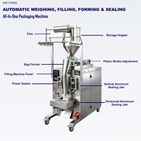 Machine de remplissage verticale compacte pour sauces et pâtes, idéale pour la pâte de tomate, le beurre de cacahuète, le miel, les vinaigrettes, pour les lignes de scellage de sachets et de pochettes.