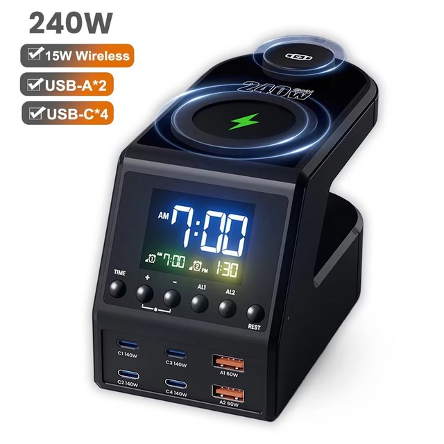 240W GaN Charging Station 4*140W PD3.1 USB-C Wireless Fast Charger, Suitable for Apple Laptops Samsung Alarm Clock
