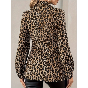 Blus lengan panjang wanita, Atasan kemeja lengan panjang leher V bertali motif macan tutul - Product Image 3