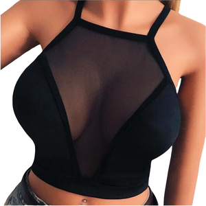 Haut court dos nu pour femme avec empiècements en maille transparente, débardeur sans manches à fines bretelles et col en V, bralette personnalisée, camisole d'été - Product Image 1