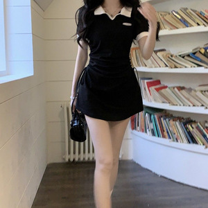 Women's Polo Collar Bodycon Dress Black Solid Color Contrast Neckline Tight Waist Short Skirt Summer Style - Product Image 4