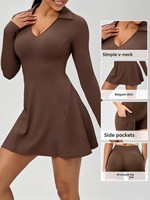 Ensemble deux pièces sport décontracté pour femme, style européen-américain, automne, uni, haute élasticité, avec jupe de tennis moulante à manches longues et décolleté en V profond, et short galbant effet fesses de pêche